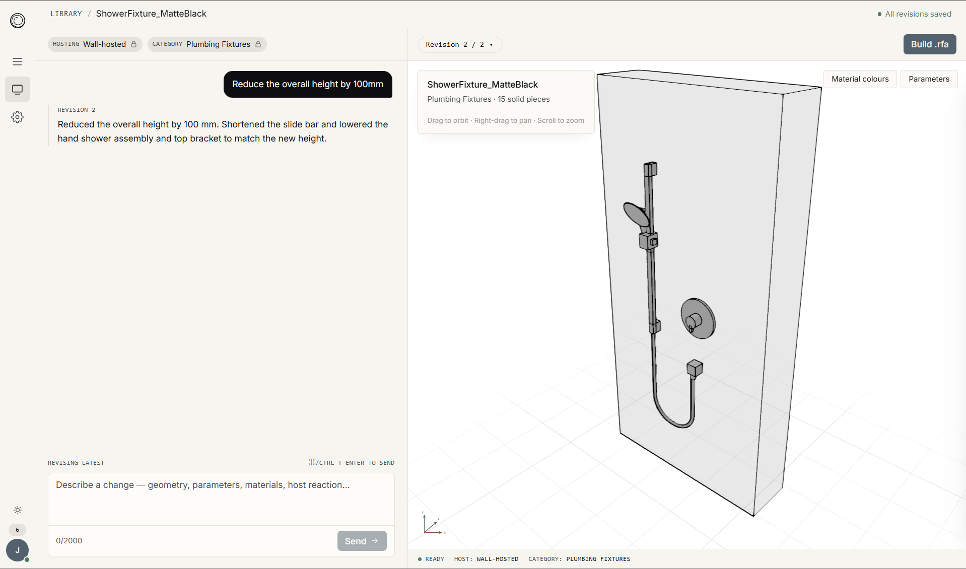 Mainspring app — chat-driven family generation with a 3D preview and a parameters panel